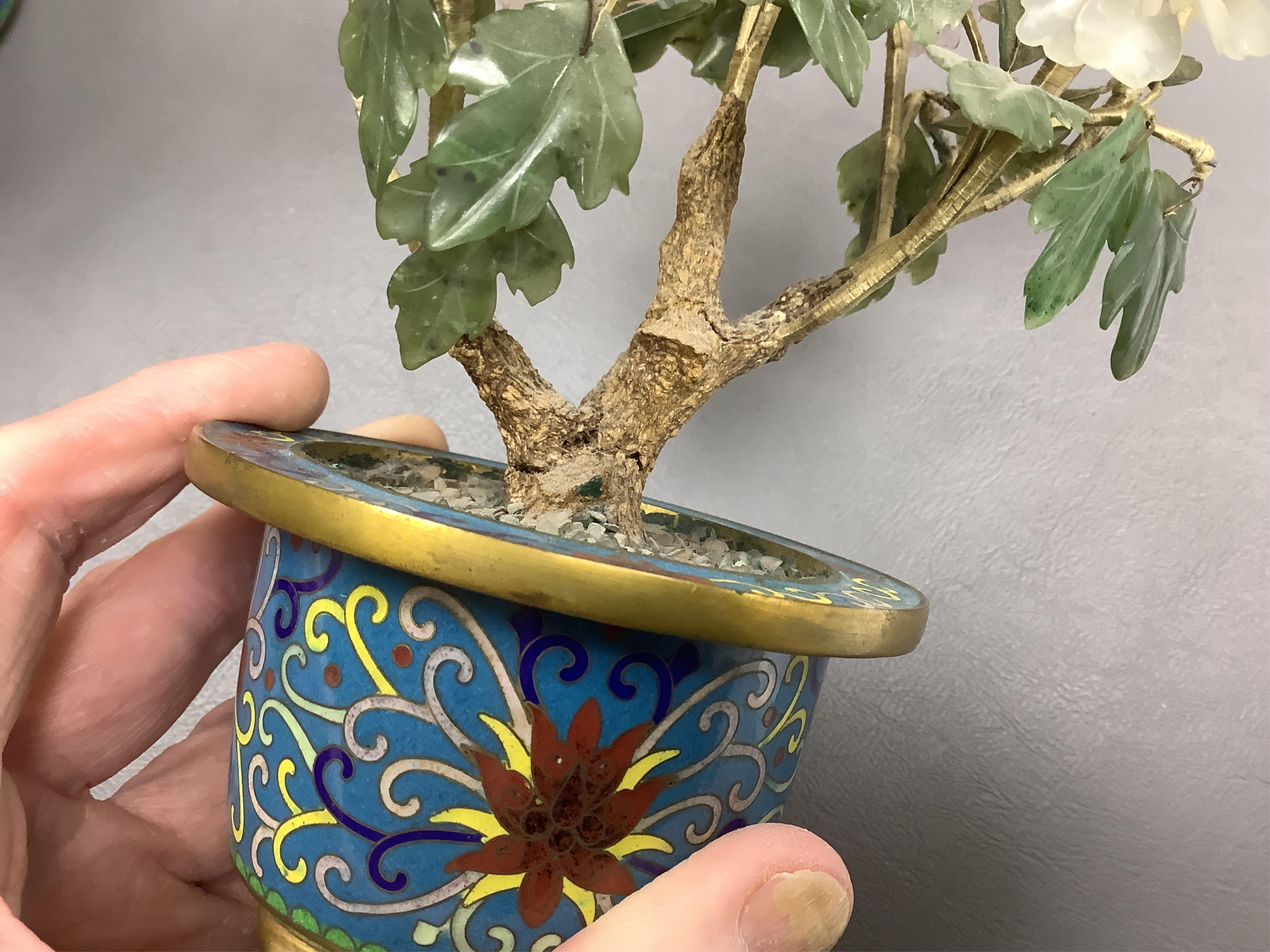 A pair of Chinese hardstone trees, in cloisonne jardinieres, 23cm high